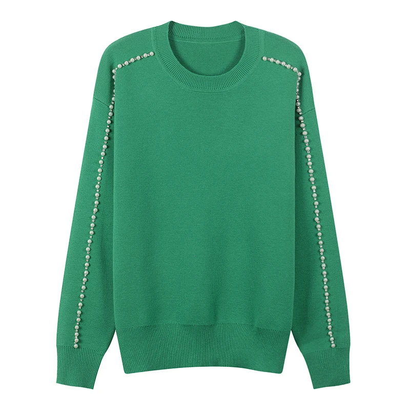 

Women Sweater Plus Size Pearl Beading Jumper Rhinestones Diamond Jersey Elegant Runway Loose Long Sleeve Pullovers Knitted Top