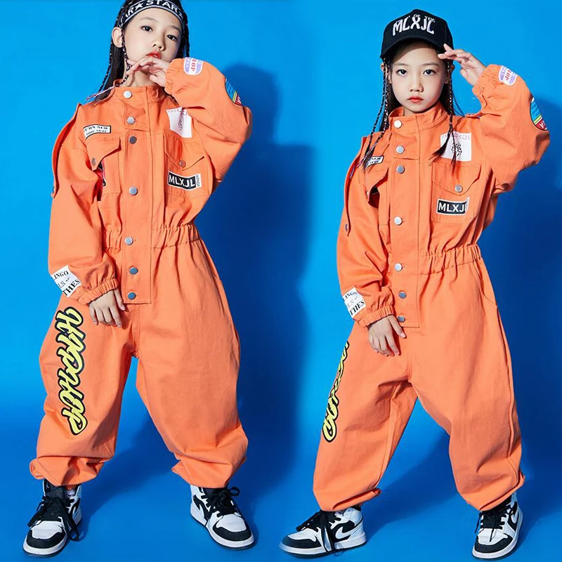 Kids Cool Short Sleeve Hip Hop Clothing orange Jumpsuit Overalls for Girls Boys Jazz Dance Costume Ballroom Dancing Clothes