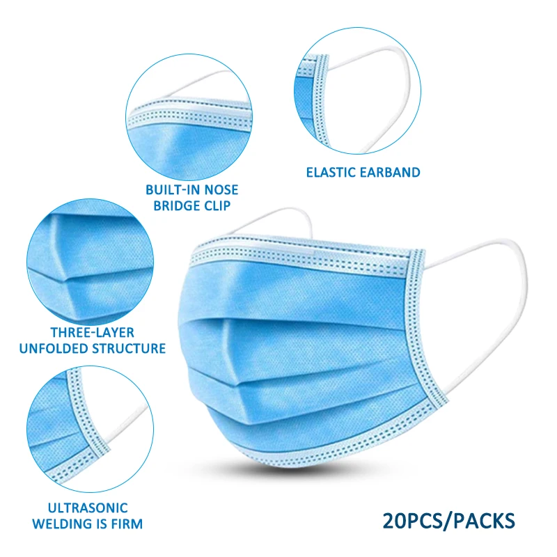 

40pcs Disposable Masks 3-layer Non-Woven Masks Anti-dust Mouth Face Mask Protection Adult Soft Earloop Mask Men Women