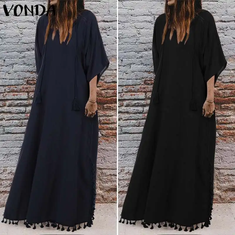 VONDA, винтажное Хлопковое платье для беременных,, женские повседневные свободные вечерние платья макси с кисточками, летние богемные праздничные платья