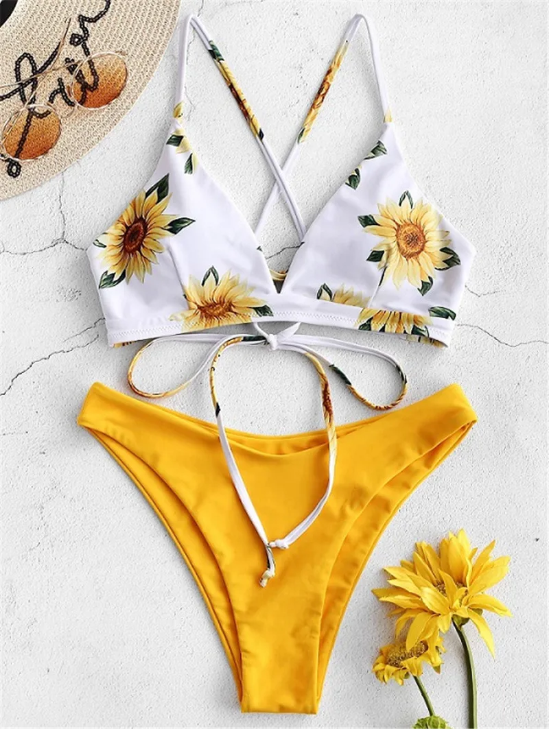 Sunflower Printed Bikini Set Sexy Swimwear Women Mujer Push Up Padded Biquini Bathers Bandage Bathing Suit Swimsuit Bikini