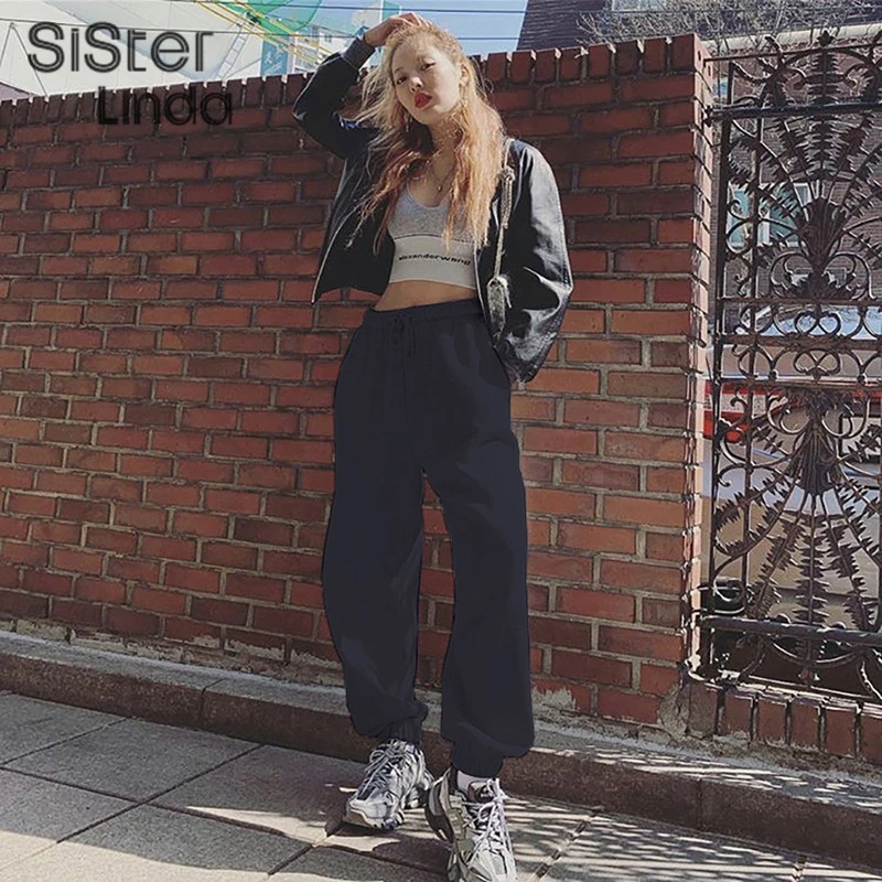 Sisterlinda, хлопковые женские брюки, эластичные, высокая талия, брюки-карго, женские, s, модные, на завязках, свободные, джоггеры, брюки, Mujer, брюки