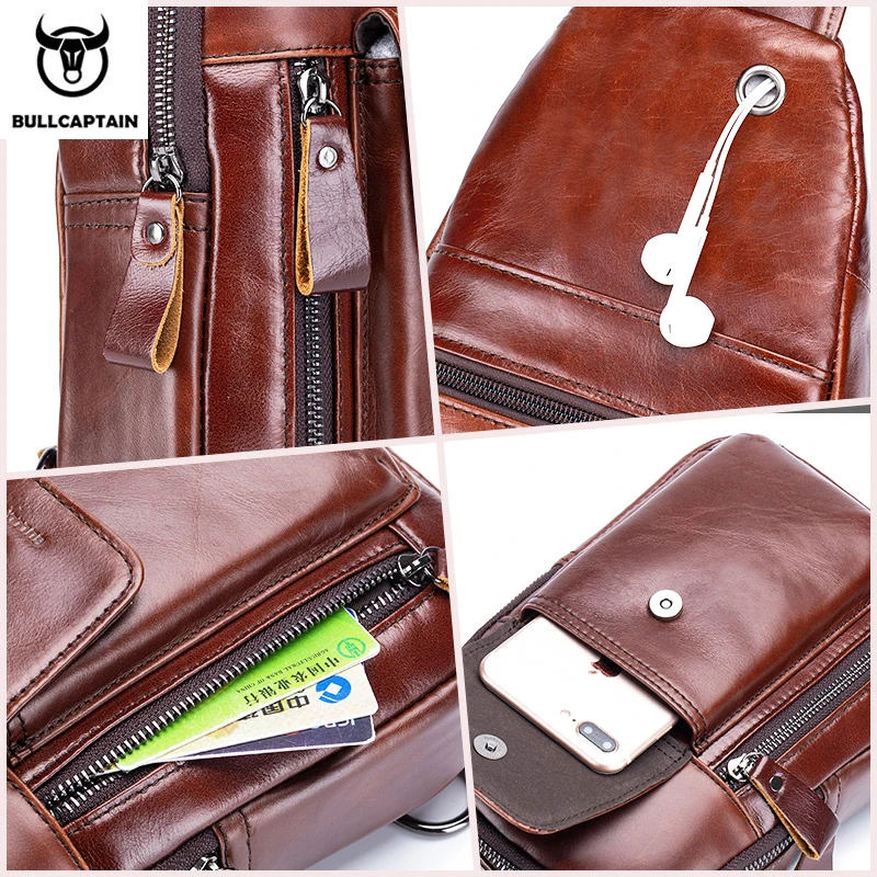 BULLCAPTAIN Genuine Leather Men's Messenger Bags Casual Chest Backpack Fashion Multifunctional Music Chest Bag Excursion Bag's