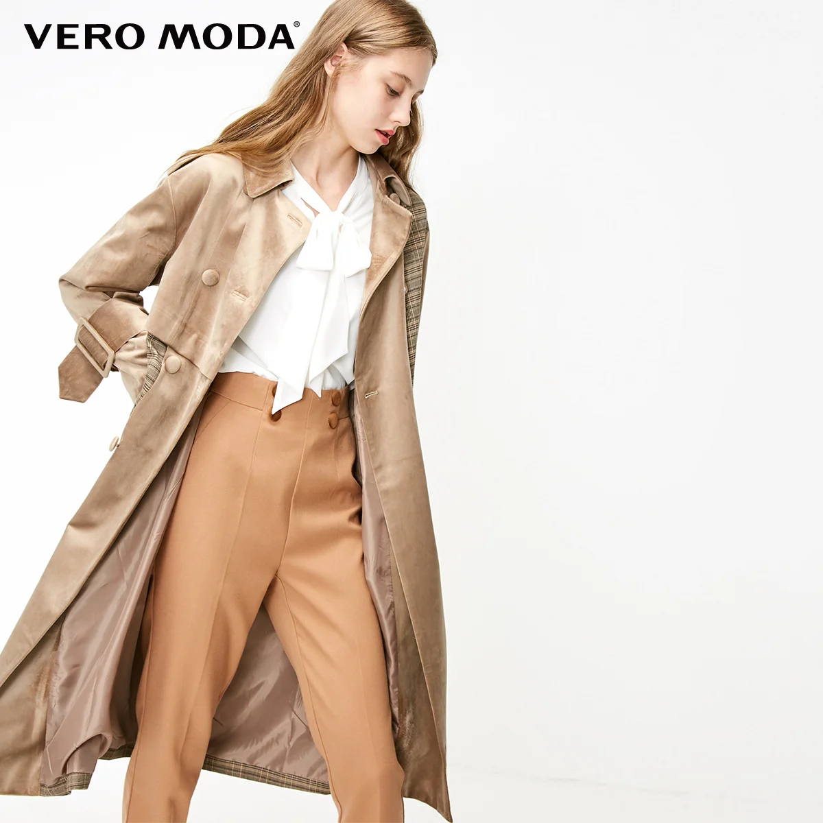 Vero Moda женское бархатное клетчатое двубортное пальто Тренч | 318409507 - Цвет: Sand