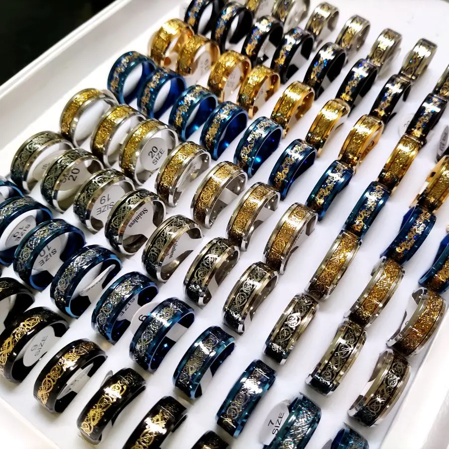 Bulk lots 50pcs Assorted Dragon Rings 8 Styles Mix Vintage Jewelry Party Gift Stainless Steel Mens Wedding Bands 6