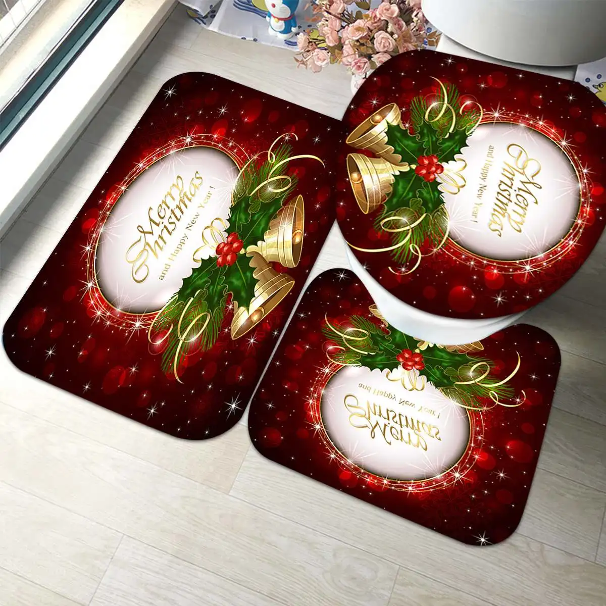 Merry Christmas набор занавесок для ванной, Новогодняя занавеска для ванной, водонепроницаемый чехол для унитаза, коврик, Рождественский Декор для ванной