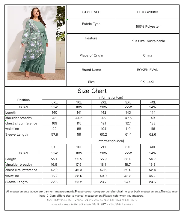 2021 Autumn Plus Size Green Embroidery Scarf Pleat Women's Abaya Party Casual Elegant Business Dress