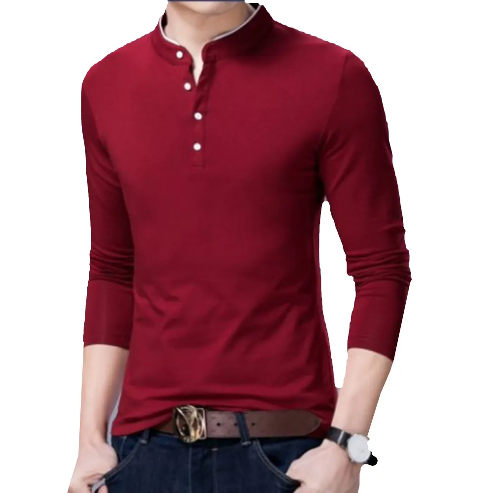 Осенние мужские топы, футболки, повседневные рубашки, белые хлопковые топы, роскошные брендовые облегающие рубашки с длинным рукавом, мужская одежда M-3XL - Цвет: Бургундия