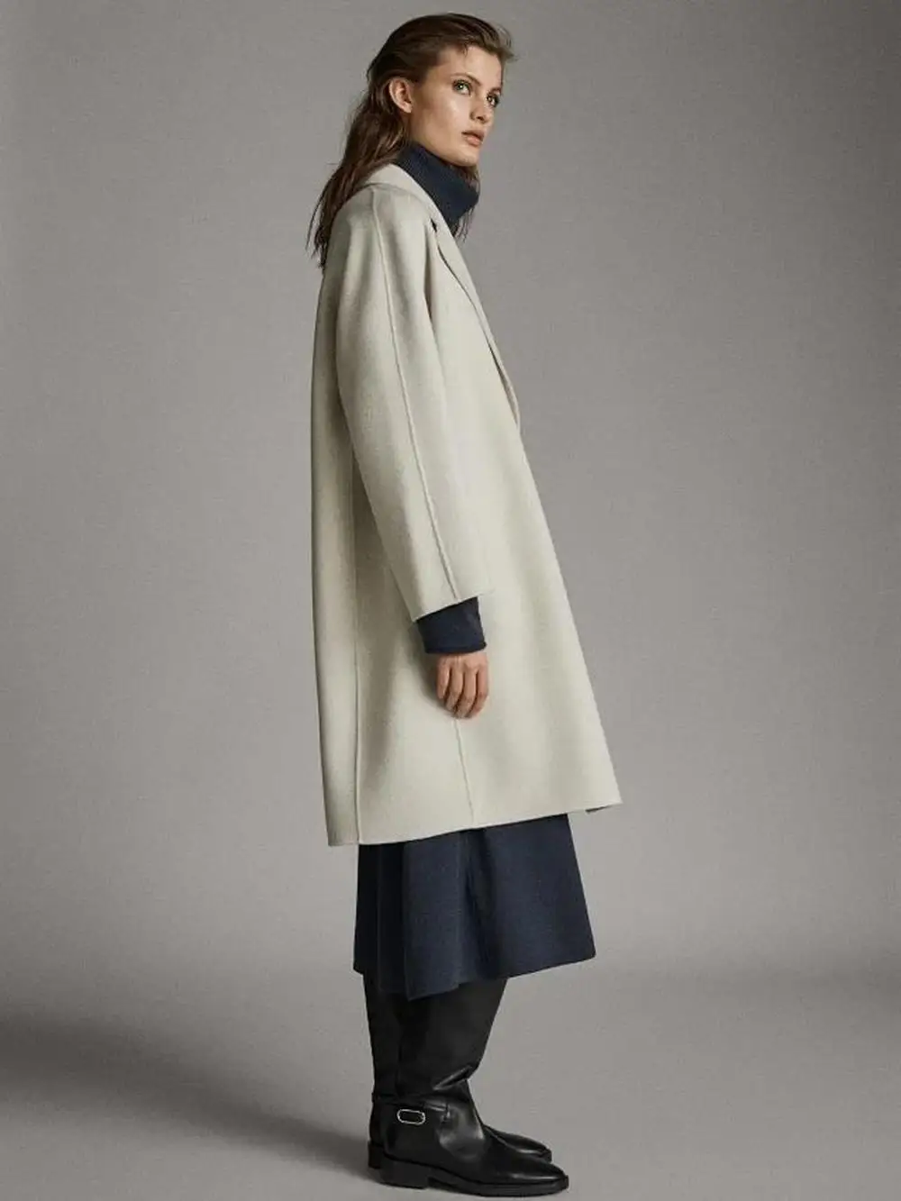 

New Autumn Winter Handmade Women's Mid-length Double-sided Wool Turn-down Collar Single Breasted Office Lady Coat White Blue