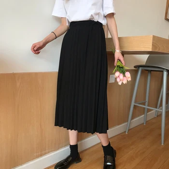 

Casual Women Solid A-Line Skirt Vintage Ladies Empire Korean Cute Sweet Skirts Female High Waist Mid-Calf Kawaii Pleated Skirts