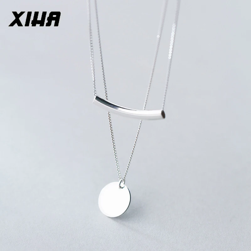 

Double Layered Necklace Sterling Silver Necklace Choker for Women Round Bent Pipe Chain Necklaces Pendant Fashion Jewelry Gifts