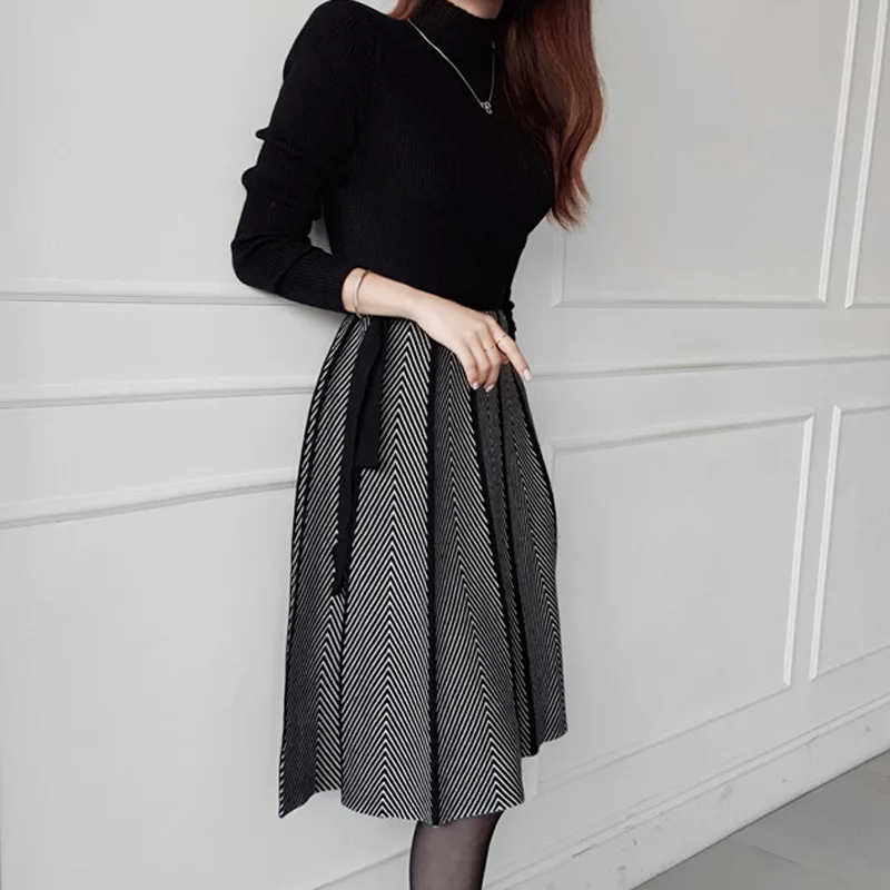 

Jersey Dress 2019 Autumn And Winter New Style Korean-style Fashion Slim Fit Waist Hugging Lace-up Debutante WOMEN'S Sweater Base
