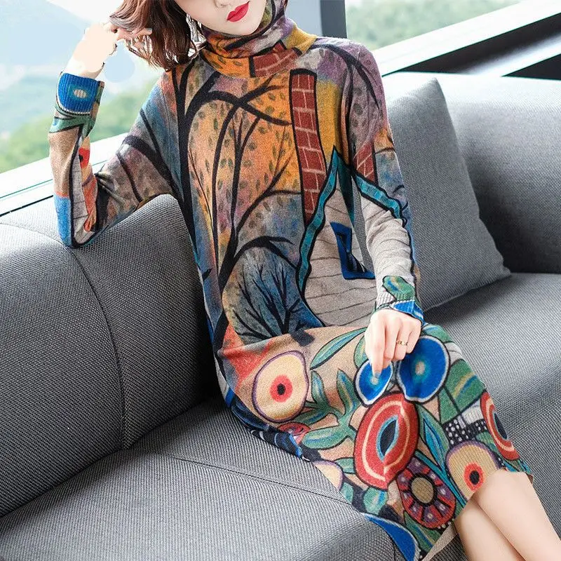 Осенне-зимнее модное женское облегающее Повседневное трикотажное платье с высоким воротом теплый свитер с длинными рукавами с принтом элегантное платье Z180