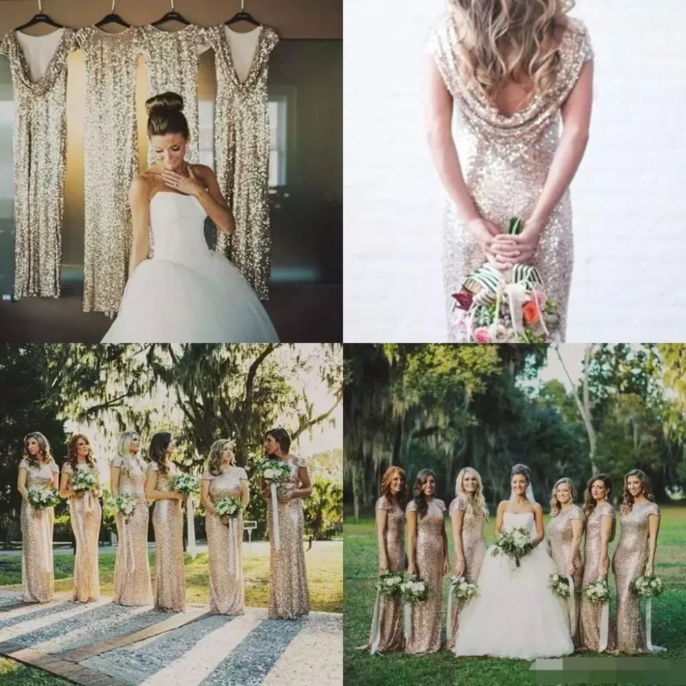 

2019 Bling Sequins High Neck Cap Sleeves Long Bridesmaid Dresses Sheath Prom Dresses Maid Of Honor Dresses Formal Gown