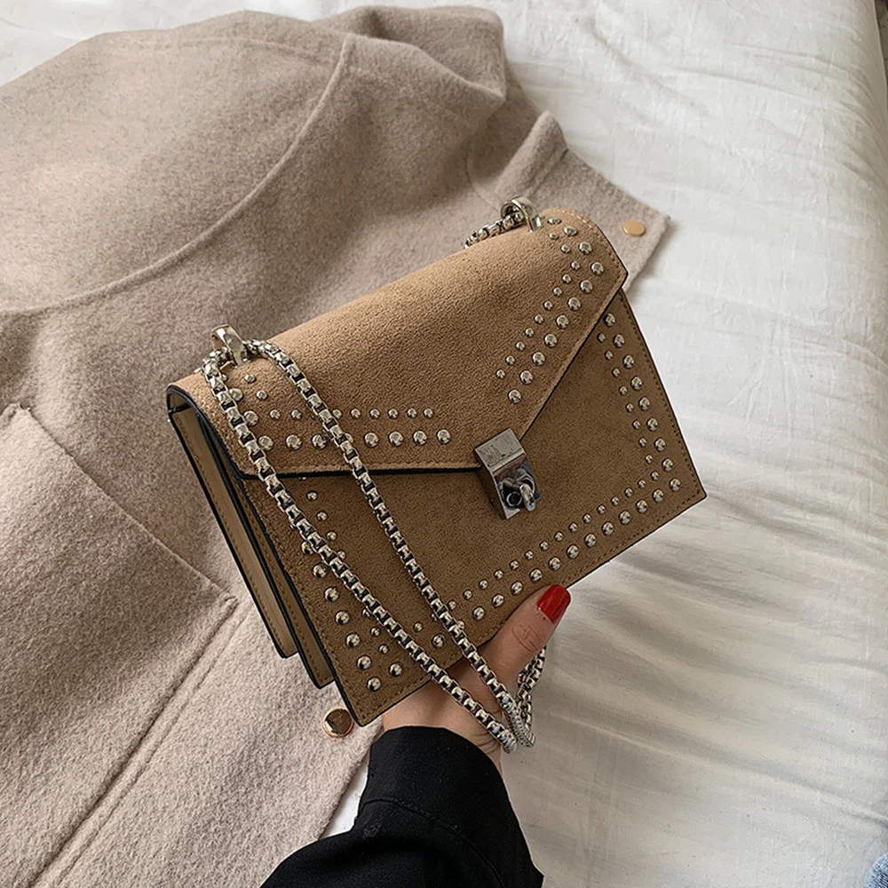 

Scrub Leather Shoulder Messenger Bags Designer For Luxury Purses And Handbags Women 2020 Chain Rivet Lock Crossbody Bag Female
