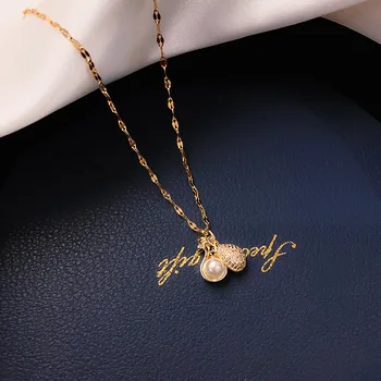 

Titanium Steel Lucky Bag Pearl Necklace South Korea Dongdaemun Fashion Elegant Pendant Versatile Purse Choker Simple Neck Orname