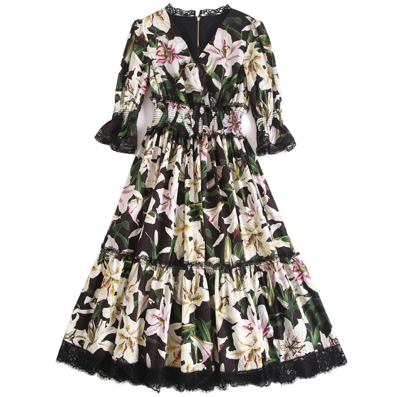 

Goodlishowsi 2019 Bohomian Vacation Dress Lilies Print Lace Patchwork A-Line V-Neck 3/4 Flare Sleeve Pleated Women Swing Dresses
