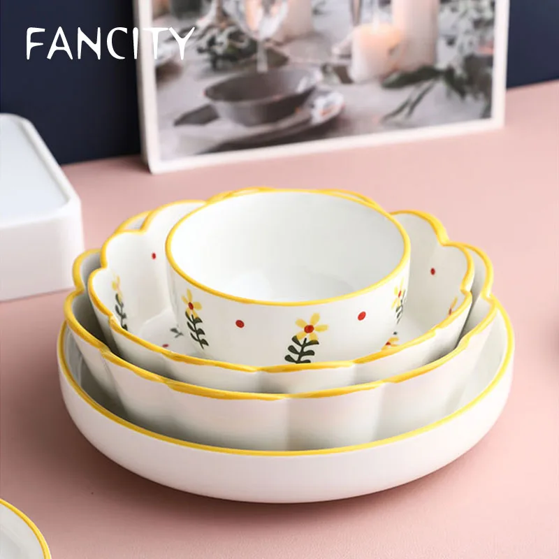 FANCITY ручной росписью желтый цветок посуда милая миска и набор тарелок бытовой