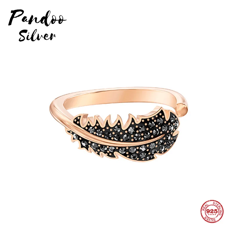 

PANDOO Fashion Charm Pure 925 Silver Original 1:1 Copy, Light Black Feather Fashion Wild Ring Ring Female Luxury Jewelry Gifts