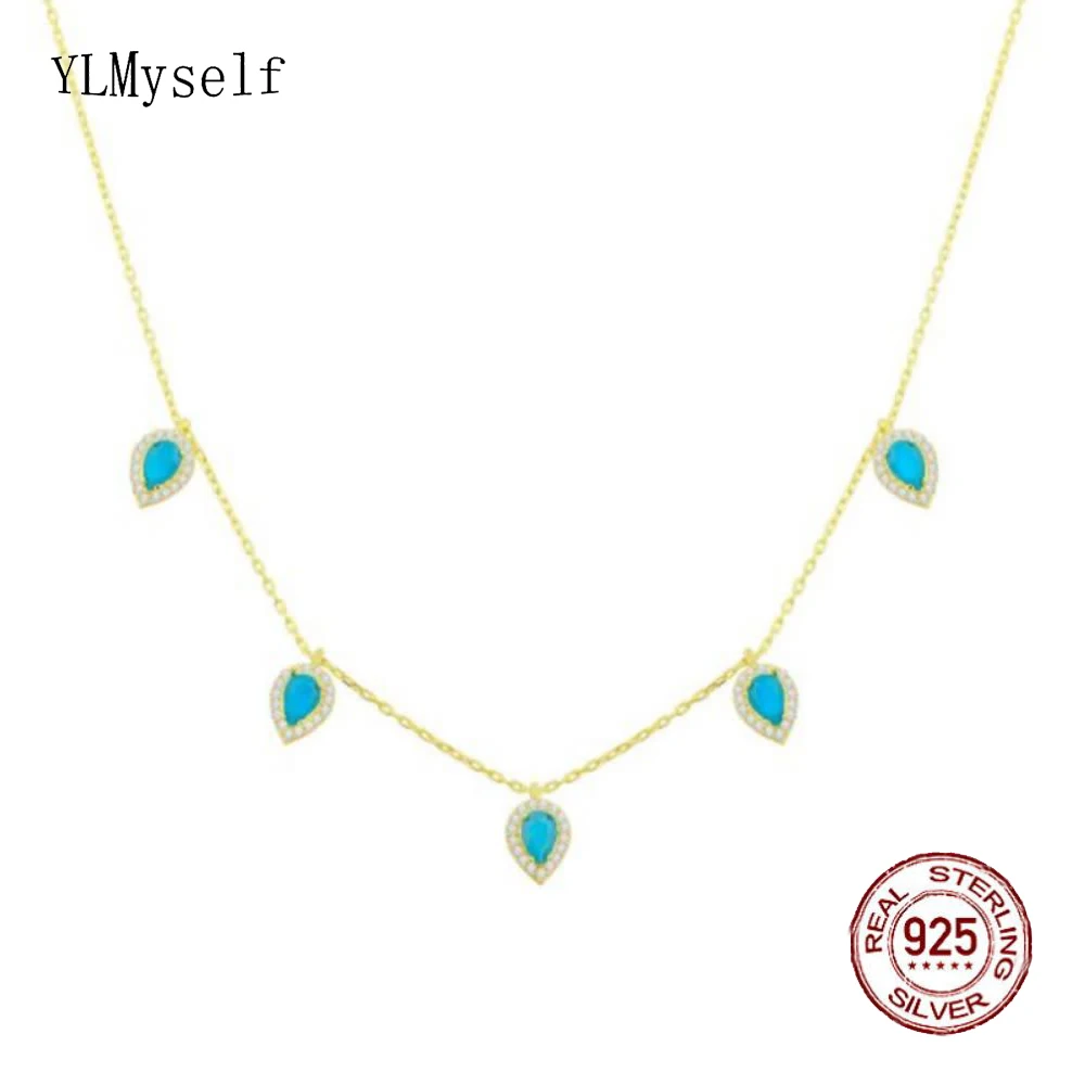 

Real 925 Silver Metal With Gold Plate Pave 3*5 mm Teardrop Turquoise Blue Stone/Green Zircon 30+10 cm Choker Chain Necklace