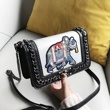 

Chain Shoulder Bag Small Crossbody Bags for Women 2020 Winter New Elephant Embroidery High-quality PU Leather Vintage Ladies Bag