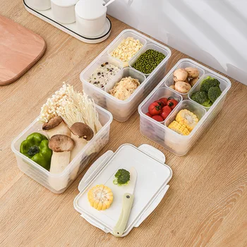 

4 Grids Refrigerator Food Storage Containers With Lids Kitchen Sealed Tank Plastic Vegetable Fruit Fresh Box