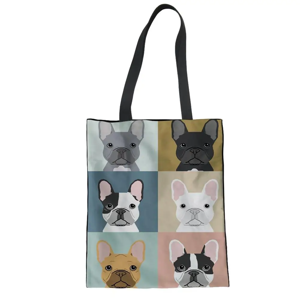 Милая льняная Холщовая Сумка-тоут с бульдогом и собакой, многоразовая сумка для покупок, пляжная сумка для женщин, женский рюкзак, сумка на плечо, сумка с ручкой для хранения, кошелек