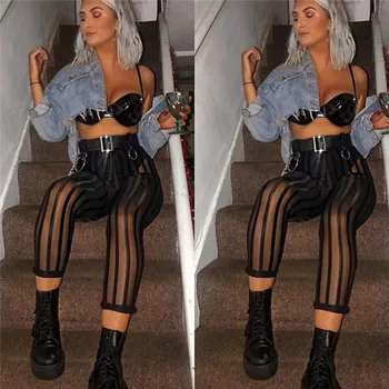 

Mesh See Through Striped Leggings Women Pant High Waist Leggings Fitness Bodycon Slim Perspective Black Legging Pants Trousers