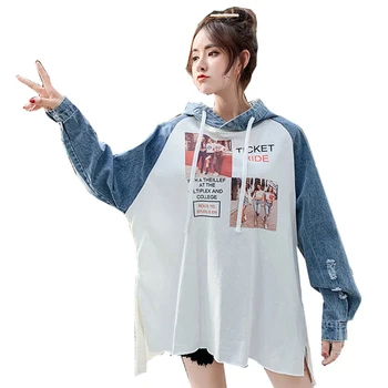 

Spring Women Hooded Sweatshirt 2020 New Women Denim Patchwork Sweatshirt Female Letter Printed Sweatshirt