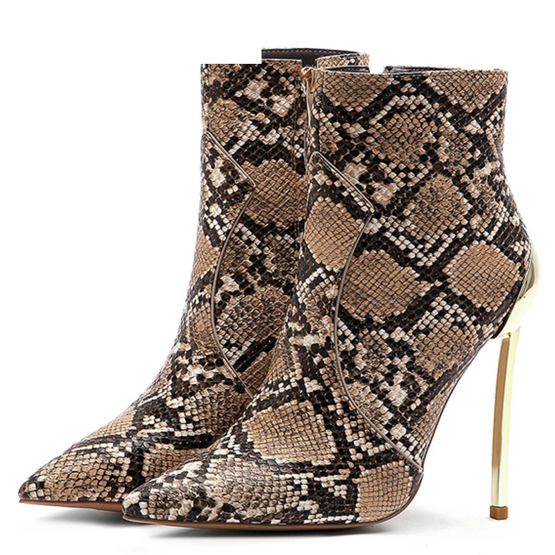 

YECHNE Snakeskin Women's Ankle Boots Woman High Heels Shoes Metal Decoration Martin Boots Sexy Snakeskin Chelsea Boots 2019