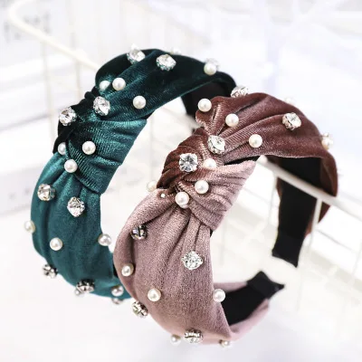 

New Crystal Pearl Velvet Hairbands Wide Women Headband Cross Knot Headwear Luxury Hairdress Hair Accessories Design