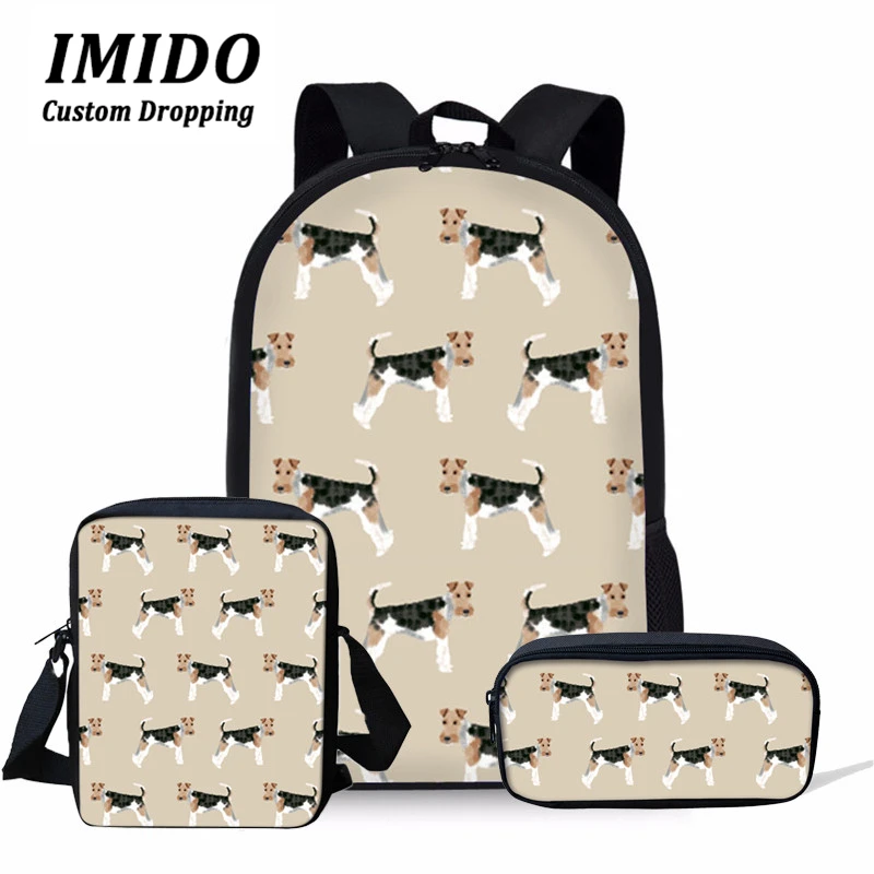 

IMIDO Wire Fox Terriers Dog Pattern Cute School Bags for Girls 3PCS Set Children School Backpack Teenager Kids Bookbags Mochilas