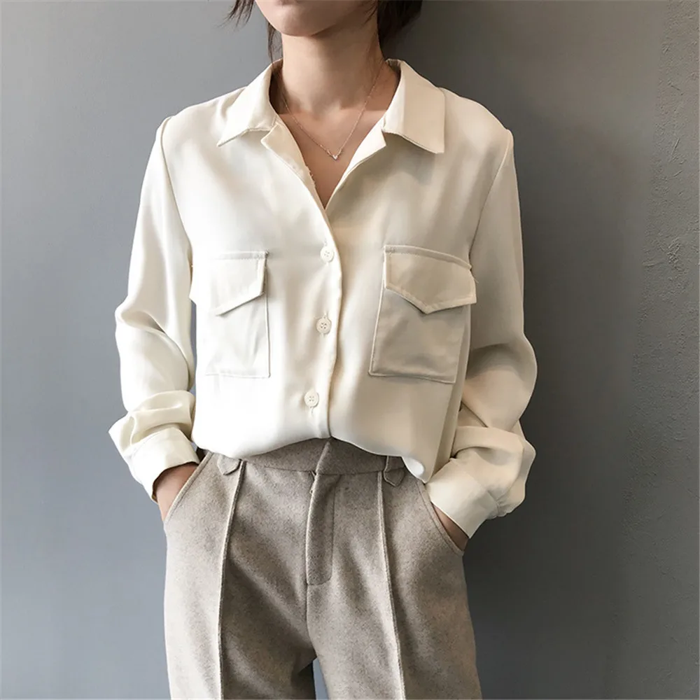 Autumn Solid Women Blouse 2019 Casual Lapel Double Pockets Blouse Shirt Flannel Shirts Female Long Sleeve Tops Y0576 (9)
