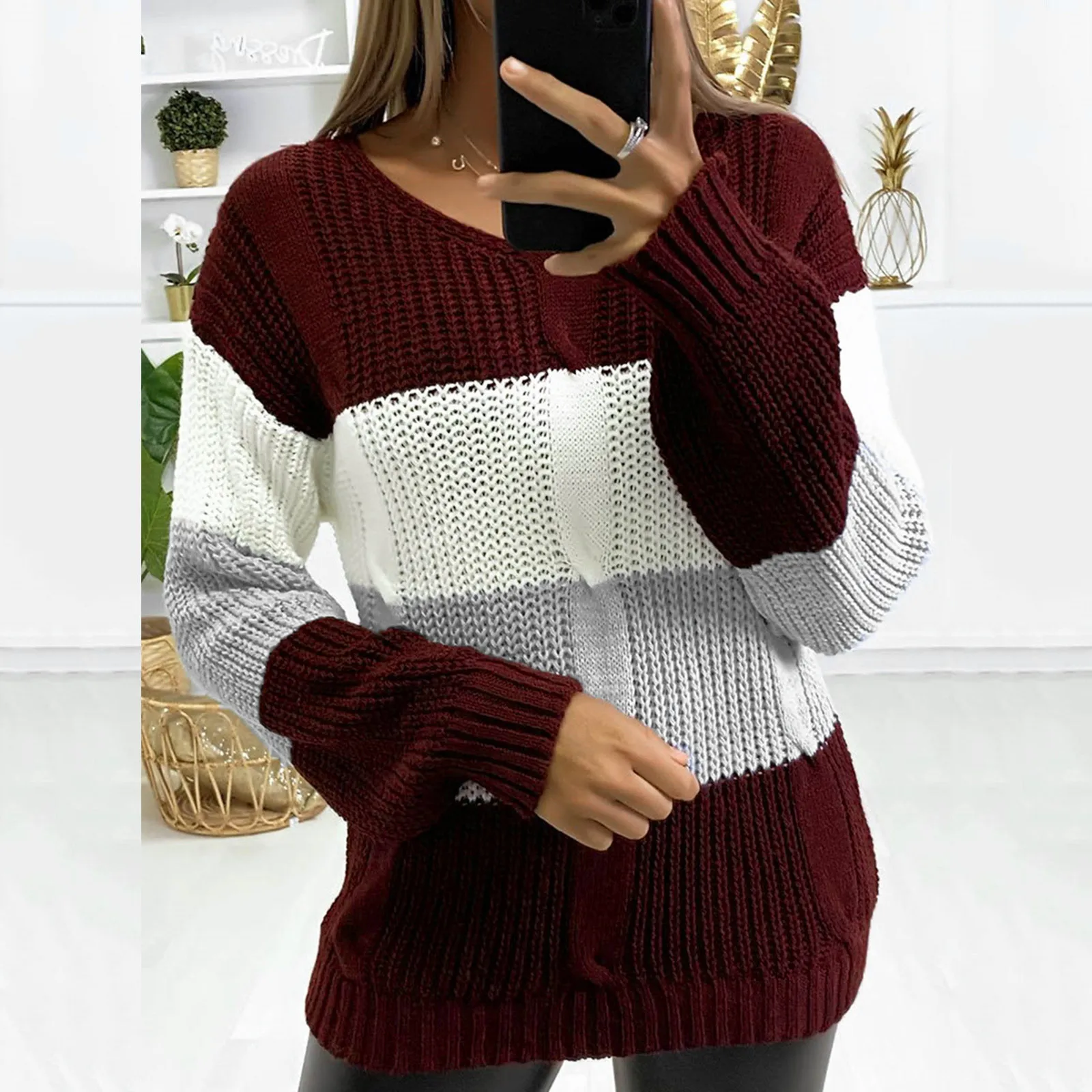 Womens Autumn Winter Sweaters Knitted V-neck Color Block Patchwork Print Long Sleeve Sweater Pull Femme Blusa De Frio Feminina 1