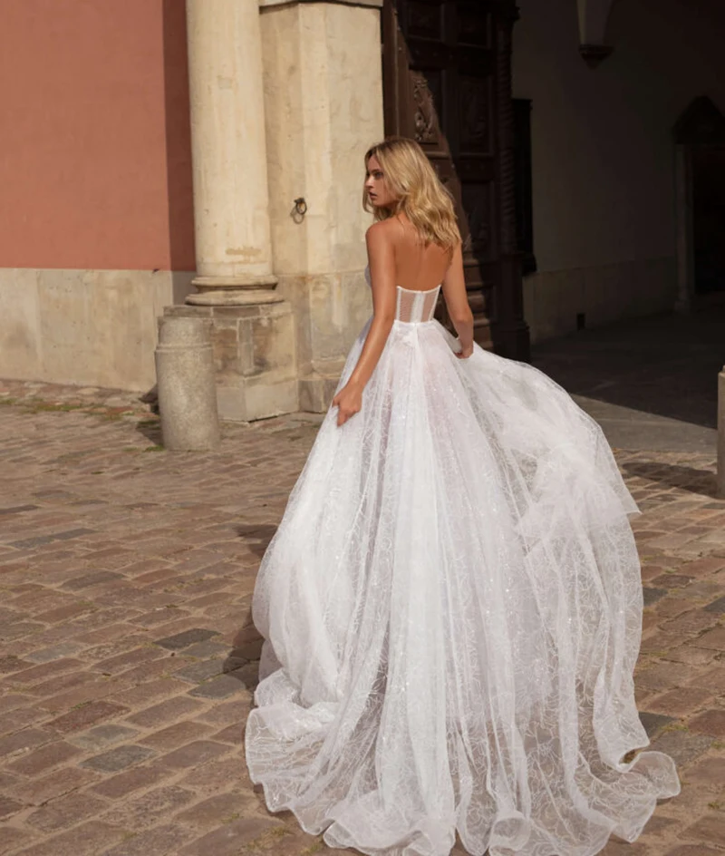 Lace Boho Wedding Dress 2020 Sparkling Weeding Dresses Backless A line Wedding Gown Bride Dress Vestido Noiva Trouwjurk