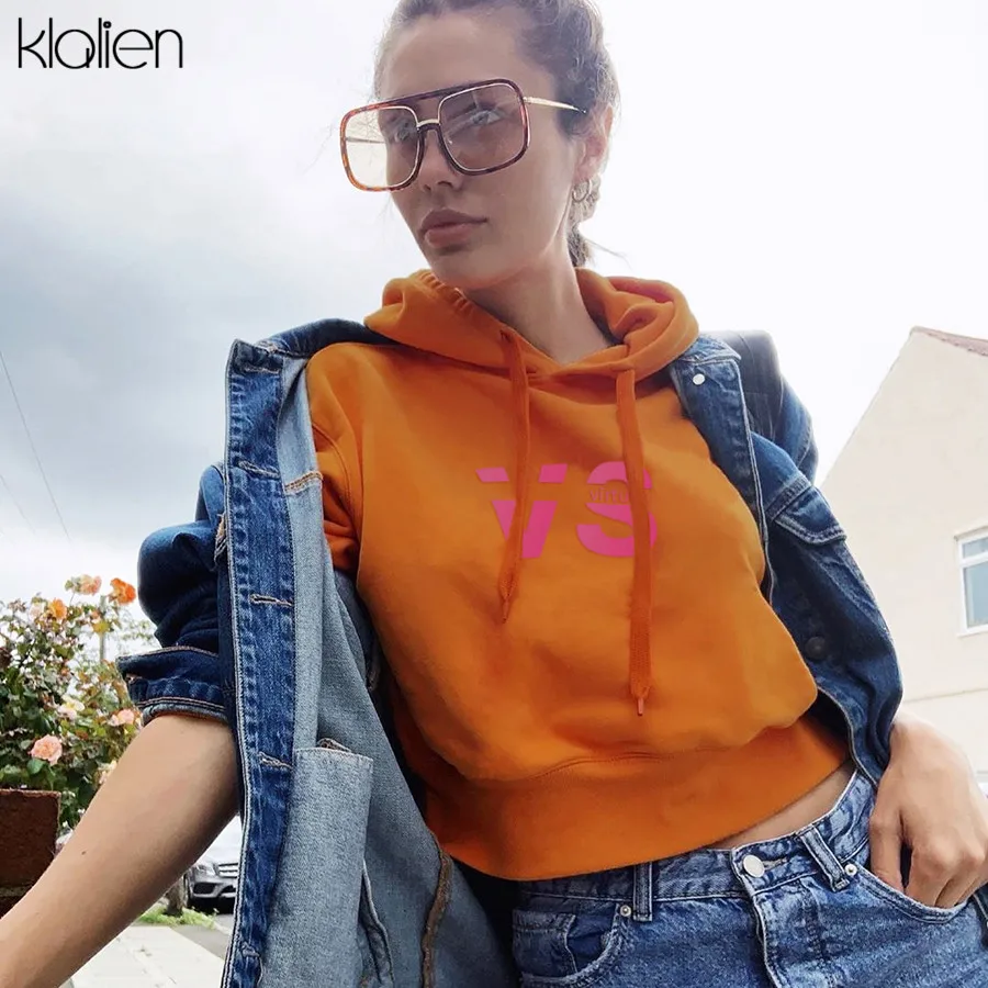 KLALIEN толстовки свободная, с принтом в виде надписи женские с капюшоном с длинным рукавом короткие толстовки новые осенние женские модные повседневные уличные