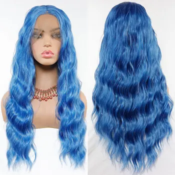 

Bombshell Sky Blue Water Wave Synthetic Hair Lace Front Wig Heat Resistant Fiber Hair Natural Hairline Middle Parting For Women