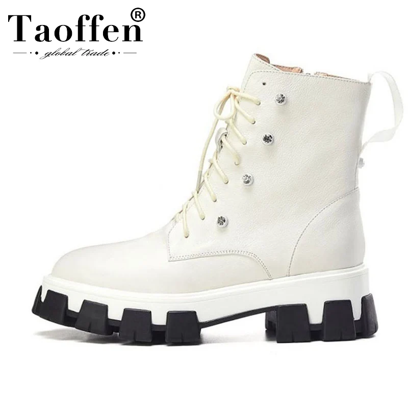 

TAOFFEN Women Genuine Leather Military Boots Thick Bottom Sexy Casual Winter Ankle Boots Fashion Brand Shoes Woman Size 34-40