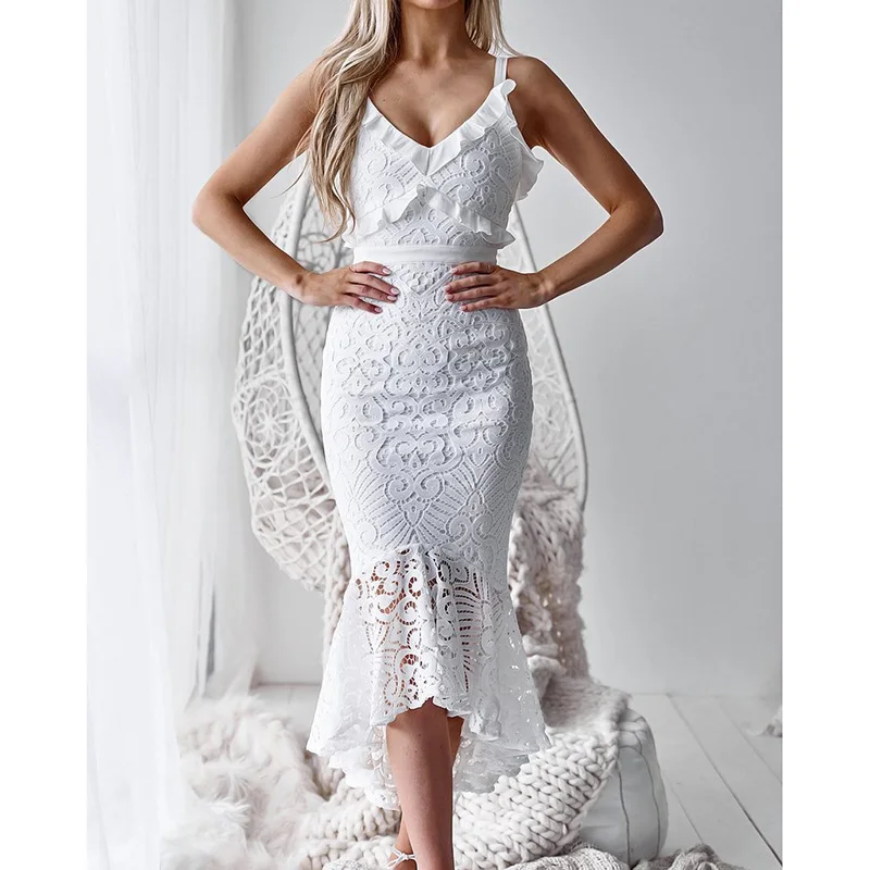 Ordifree Новое поступление Летнее белое кружевное длинное платье с бретельками и рюшами сексуальное облегающее женское вечернее платье