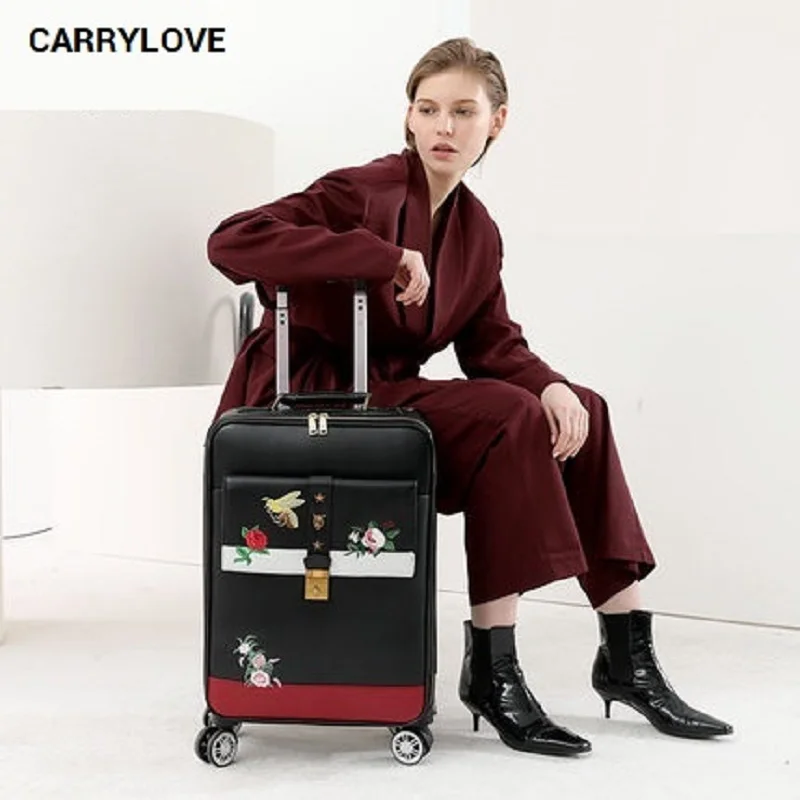 CARRYLOVE модные Чемодан серии 16/20/24 дюйма размер обувь высокого качества; обувь с вышивкой; прокатки Чемодан фирменный туристический чемодан на вращающихся колесиках