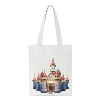 

Cartoon Castle Cute Witch Letters DIY Printed Shopping Bags Fresh Style Colleage Bags White Tote Canvas Casual Bags Mommy Bags
