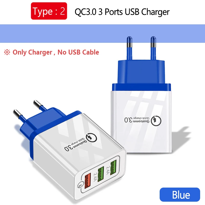 3 порта USB настенное зарядное устройство QC3.0 быстрое зарядное устройство s 5 V/2.4A 18W Быстрая зарядка для samsung Xiaomi huawei iPad iPhone Micro type-C кабель - Тип штекера: QC3.0 Charge Blue