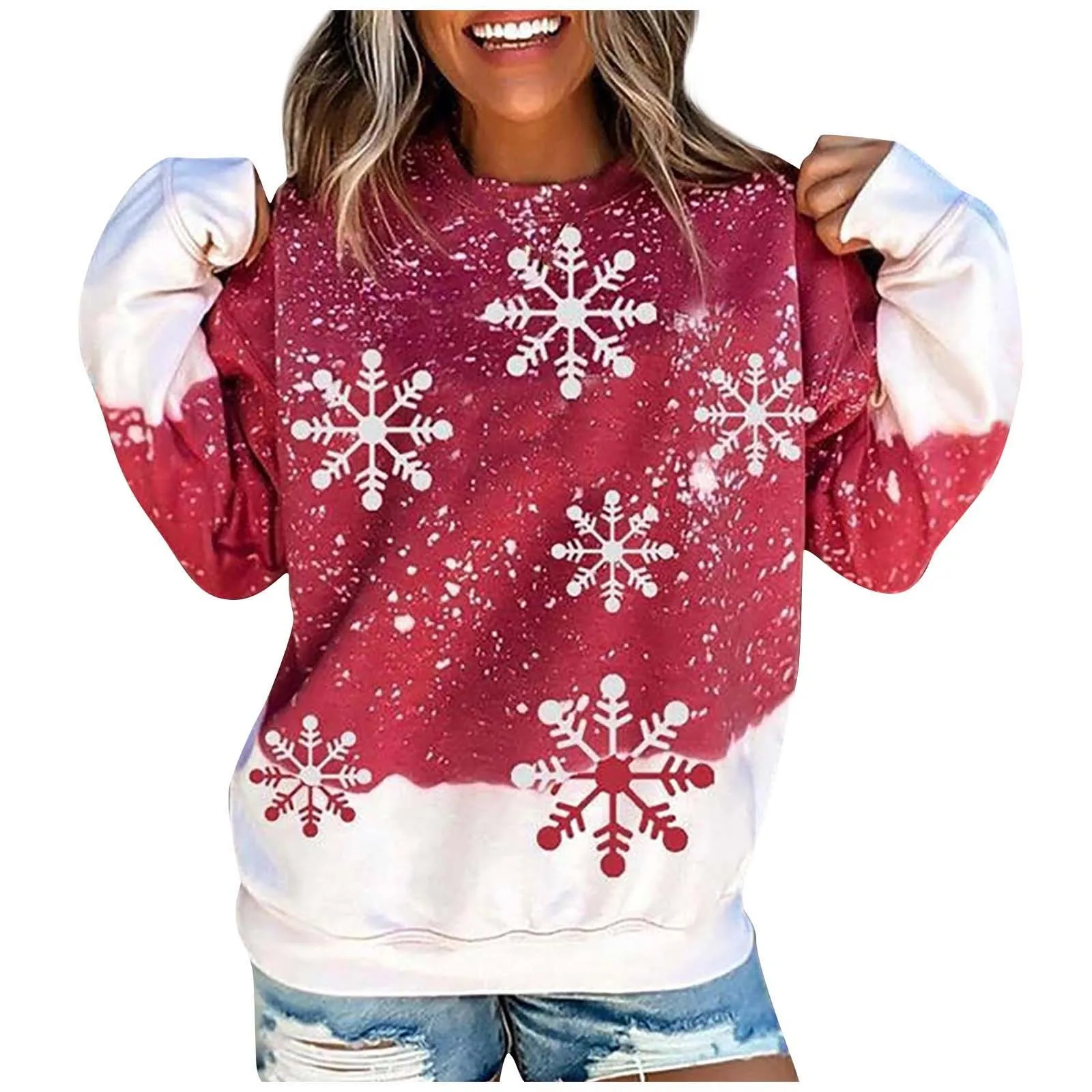 Fashion Snowflake Print Women Hoodies Plus Size Long Sleeve Pullover Tops Winter Warm Female Loose Sweatshirts Streetwear 2