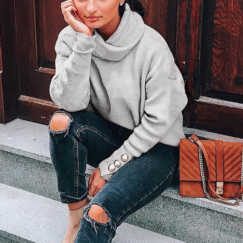 

Elegant Turtleneck Sweaters Pullovers Plus Size Loose Solid Autumn Winter Women Knit Top Casual Buttons Long Sleeve Shirts M0601