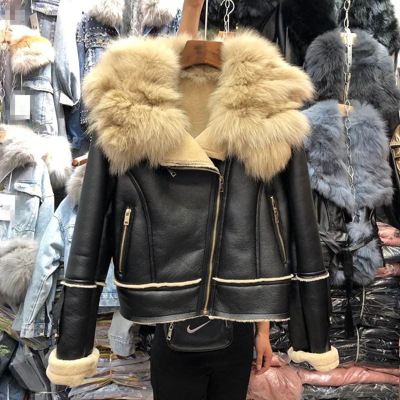 Большой воротник из лисьего меха, утолщенная теплая куртка из искусственной кожи, Женское зимнее пальто, женская мотоциклетная куртка, уличная короткая шуба из искусственной кожи