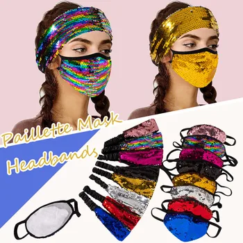 

Adult Sequins masks for protection Warm Windproof Face Mask Paillette Safet Protect Washable Mask+Headbands Outfits Set