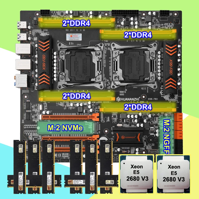 

HUANANZHI X99-F8D LGA2011-3 Motherboard with Dual CPU Socket 2 M.2 Slot Dual Xeon processor E5 2680 V3 RAM 128G(8*16G) 2400MHz