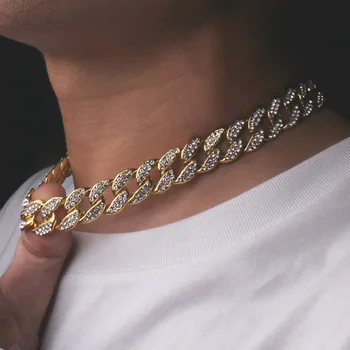 

15mm Iced Out Bling Rhinestone Golden Finish Miami Cuban Link Chain Necklace Crystal Women Men's Hip Hop Necklace Jewelry
