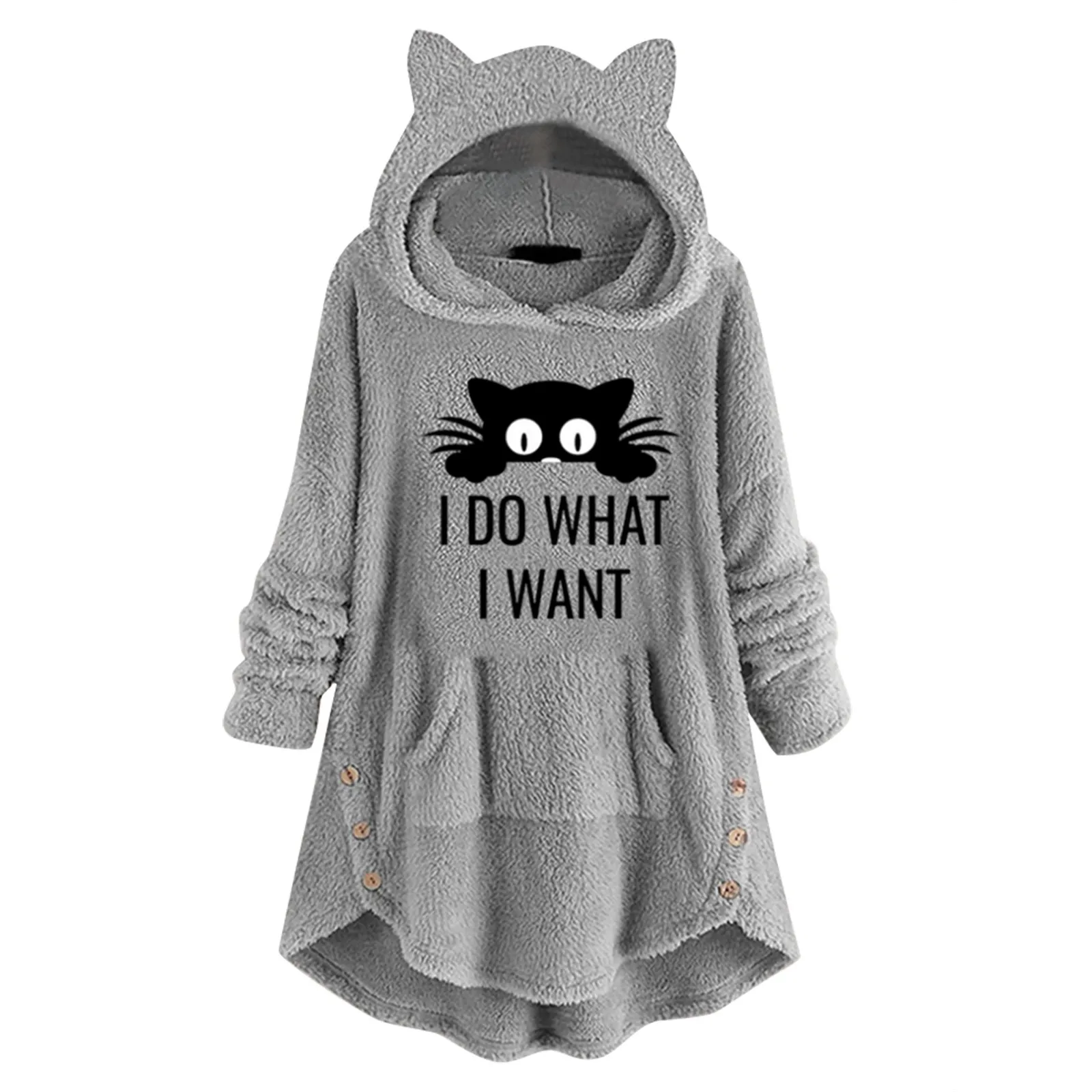Plus Size Hoodies Womens Fleece Cat Ear Warm Hoodie Top Button Autumn