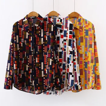 

2020 New Spring Summer Women Blouse Tops Harajuku Blouse Women Geometric Print Long Sleeve Blouses Shirts